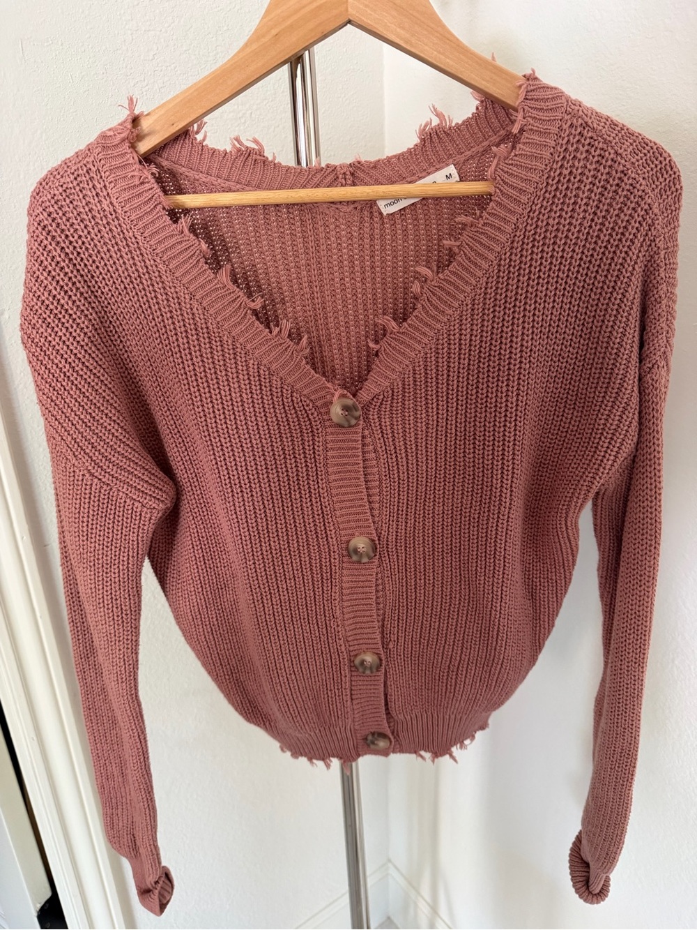 moon & madison Distressed V-Neck Button Cardigan in Mauve